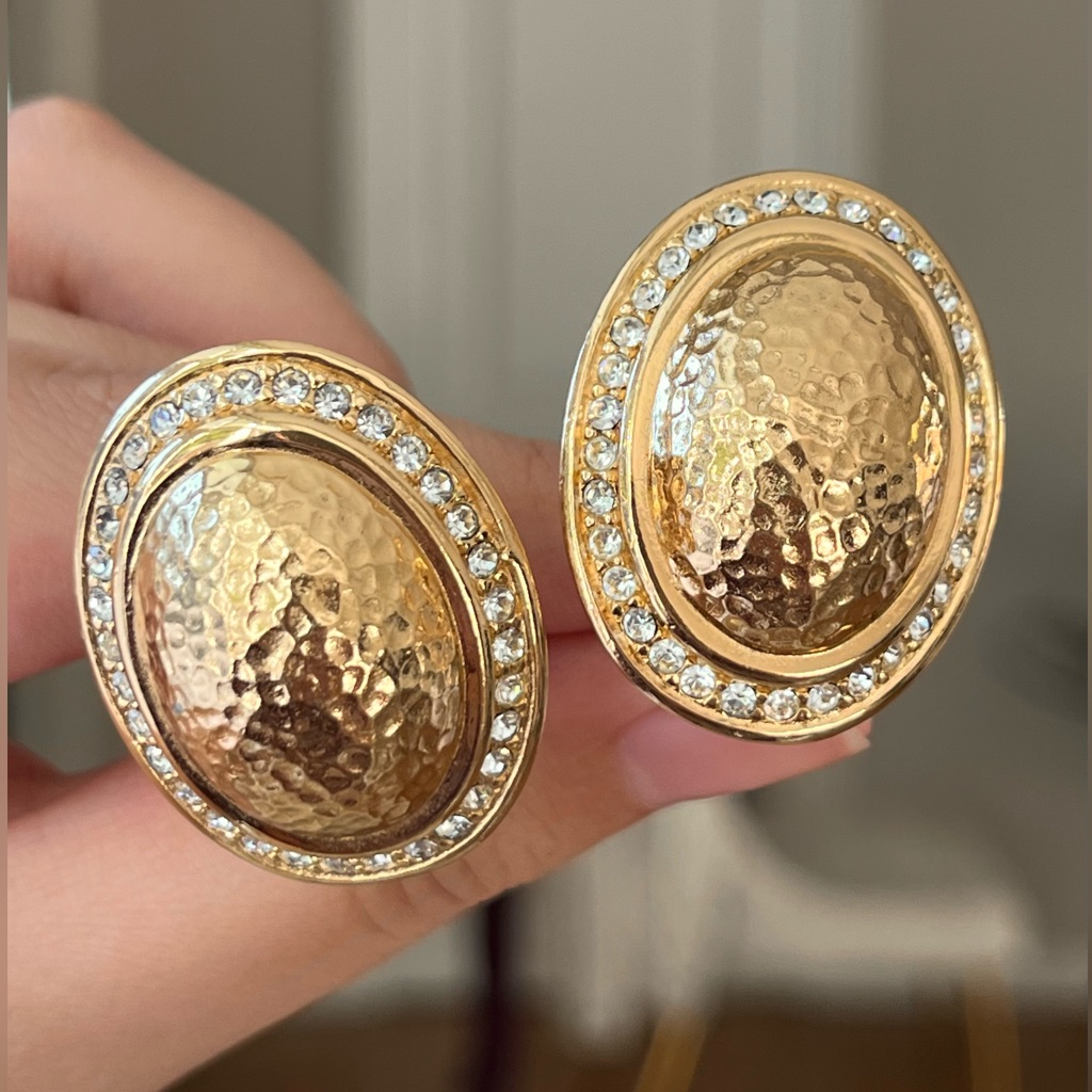 Authentic Vintage Dior Oval Hammered Gold Rhinestone Large Clip-On Earrings